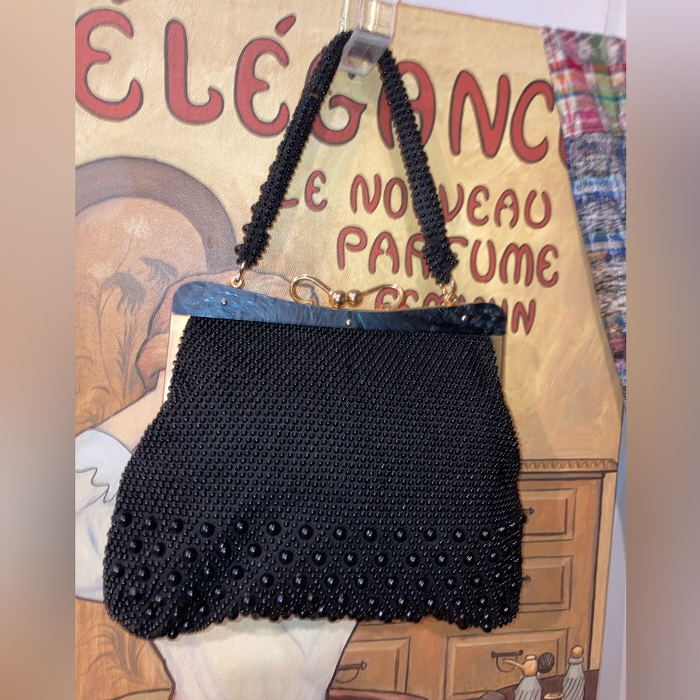 Beaded Handbag, Vintage 1950-60s Kiss Lock Mod Clutch, Black Evening Bag EUC